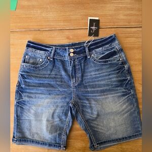 Flamingals Women Washed Stretchy Stitch Mid Rise Demin Bermuda Shorts